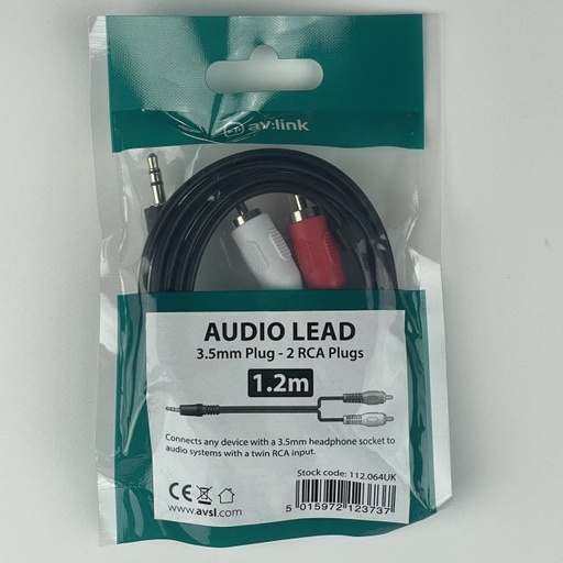 [ME216 - 75p each] AUX (3.5mm) To 2 Phono Lead 1.2 Metre Box of 6 AV Link